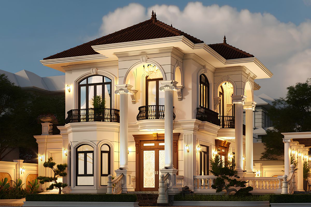 Hệ cột, phào chỉ và mái sảnh được tiết chế để mặt tiền biệt thự không trở nên nặng nề, rối mắt  (Ảnh: Sưu tầm)