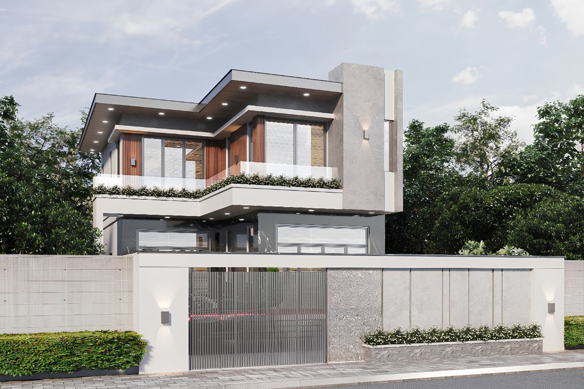Biệt thự 2 tầng 100m2 hình chữ L tạo thêm mặt thoáng và khoảng sân linh hoạt bên hông công trình  (Ảnh: Sưu tầm)