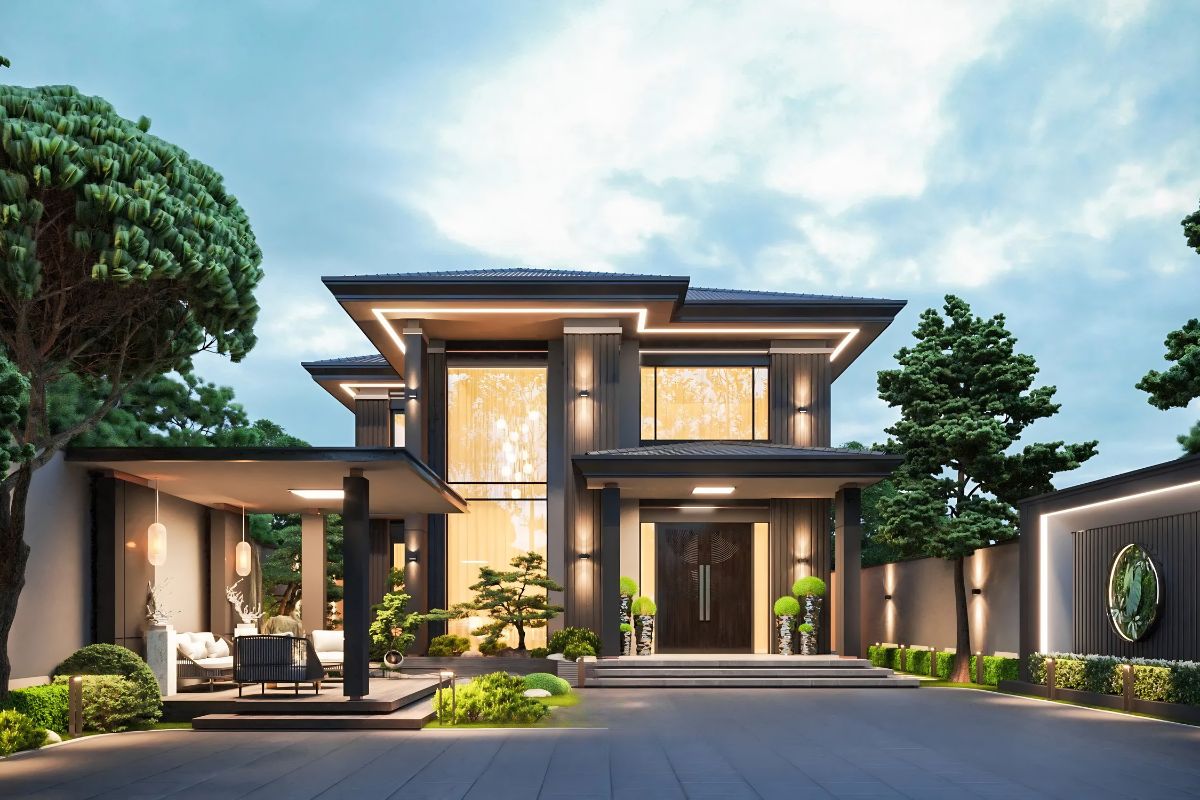 Cây xanh được bố trí theo hướng nắng và gió giúp biệt thự 100m2 đẹp mát mẻ, trong lành hơn (Ảnh: Sưu tầm)