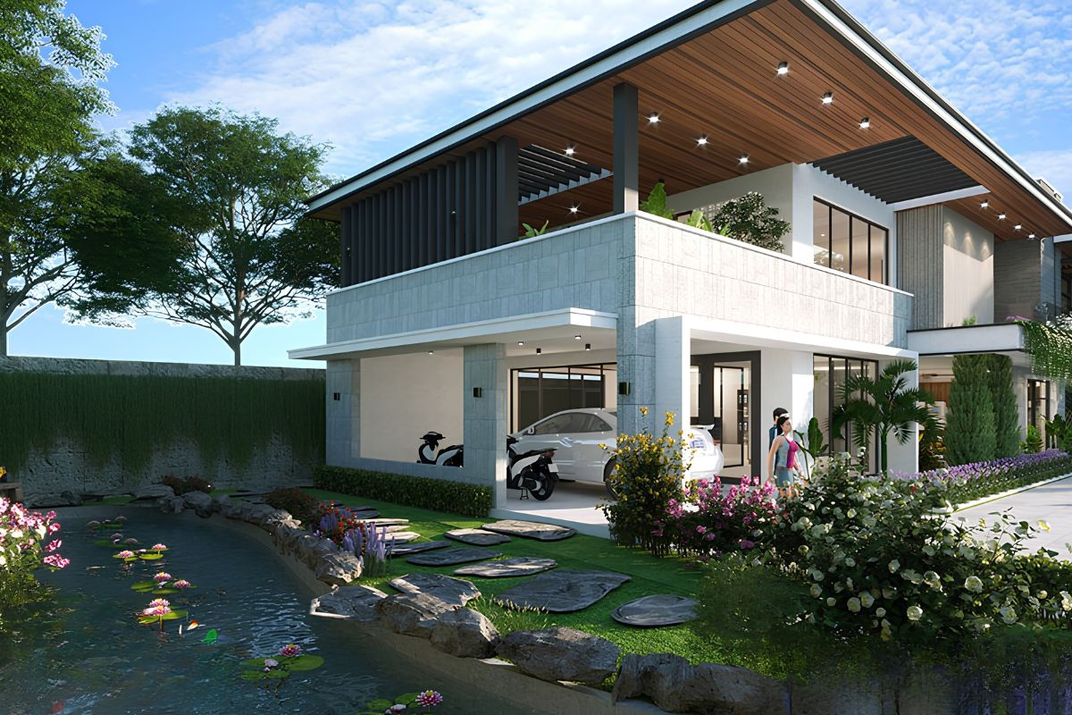 Sự kết nối giữa sân vườn và nội thất giúp biệt thự 2 tầng 100m2 mở rộng tầm nhìn và trải nghiệm sống  (Ảnh: Sưu tầm)