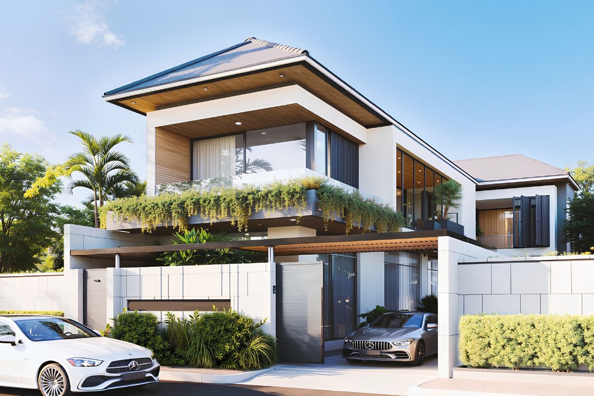 Biệt thự 2 tầng 100m2 có gara mang lại không gian để xe an toàn, thuận tiện cho gia đình hiện đại  (Ảnh: Sưu tầm)