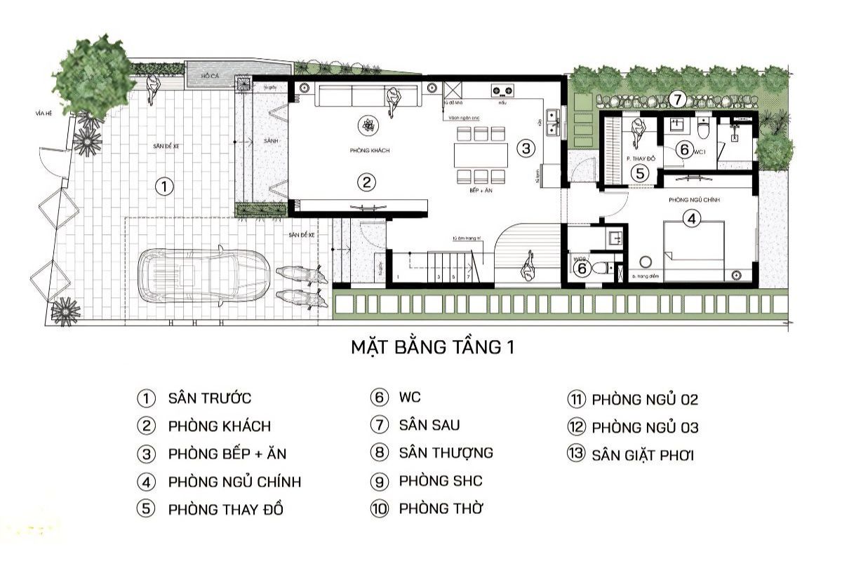 Phòng khách thông tầng và bếp mở giúp thiết kế biệt thự 2 tầng 100m2 tăng tính kết nối, thông thoáng và chiều sâu không gian  (Ảnh: Sưu tầm)