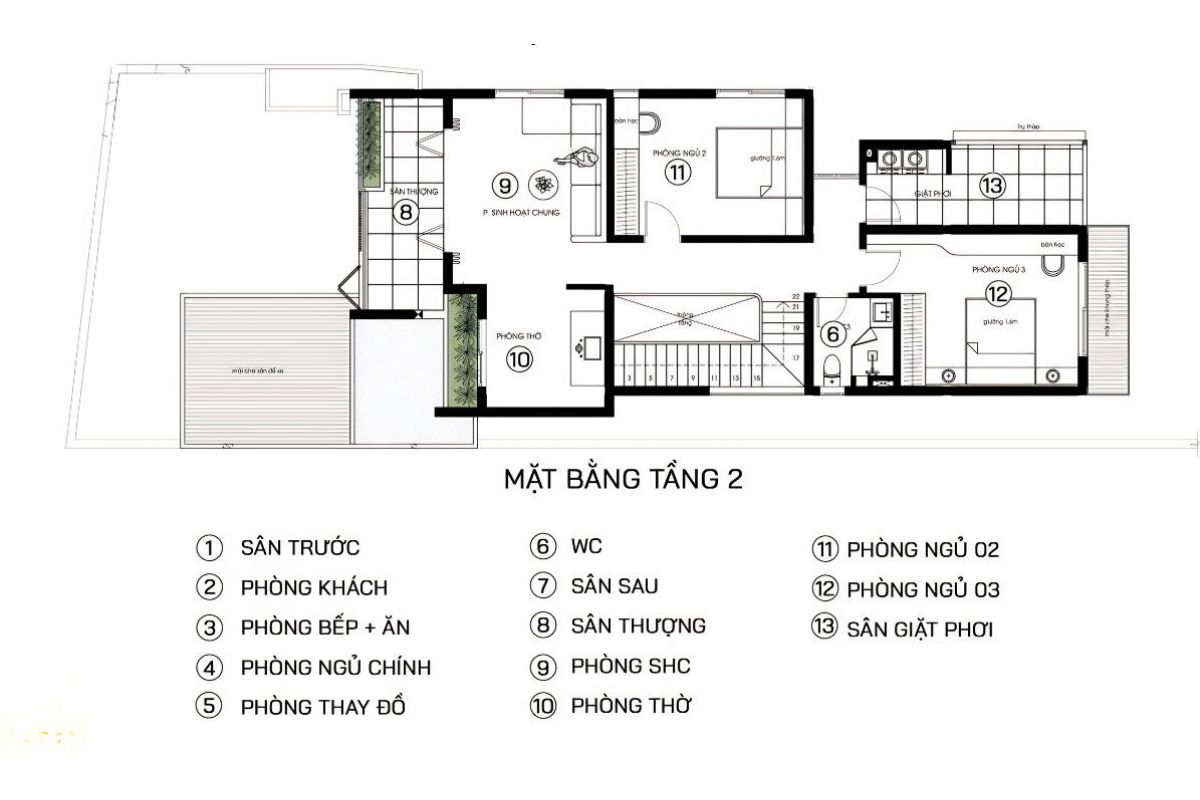 Phòng ngủ, phòng thờ và ban công được phân chia hợp lý, đáp ứng công năng biệt thự 2 tầng 4 phòng ngủ cho gia đình nhiều thế hệ  (Ảnh: Sưu tầm)