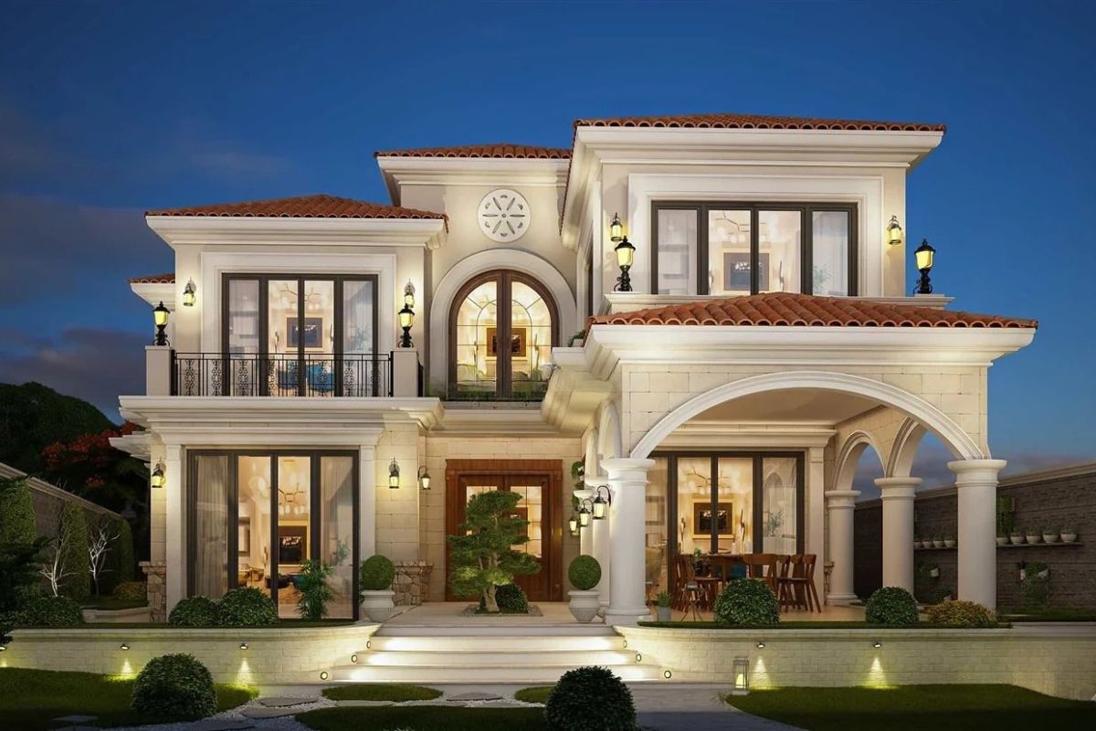 Mái ngói thoải, tường trắng kem, cửa vòm và sân lát đá giúp biệt thự 2 tầng kiểu 3 gian thêm nhẹ nhàng, thư thái  (Ảnh: Sưu tầm)