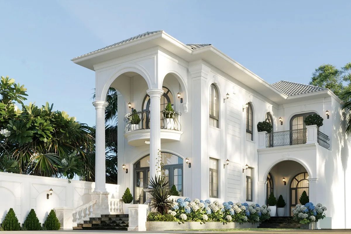 Thiết kế biệt thự 2 tầng châu Âu hiện đại ưu tiên không gian mở, kết nối phòng khách, bếp ăn và sân vườn thoáng đãng  (Ảnh: Sưu tầm)