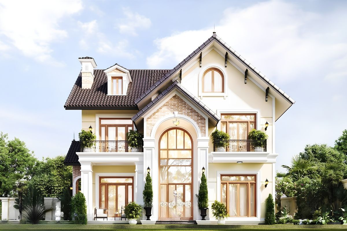 Hệ mái dốc giúp mẫu biệt thự 2 tầng châu Âu đẹp thêm cao ráo, thoát nước tốt và hài hòa với tổng thể kiến trúc  (Ảnh: Sưu tầm)