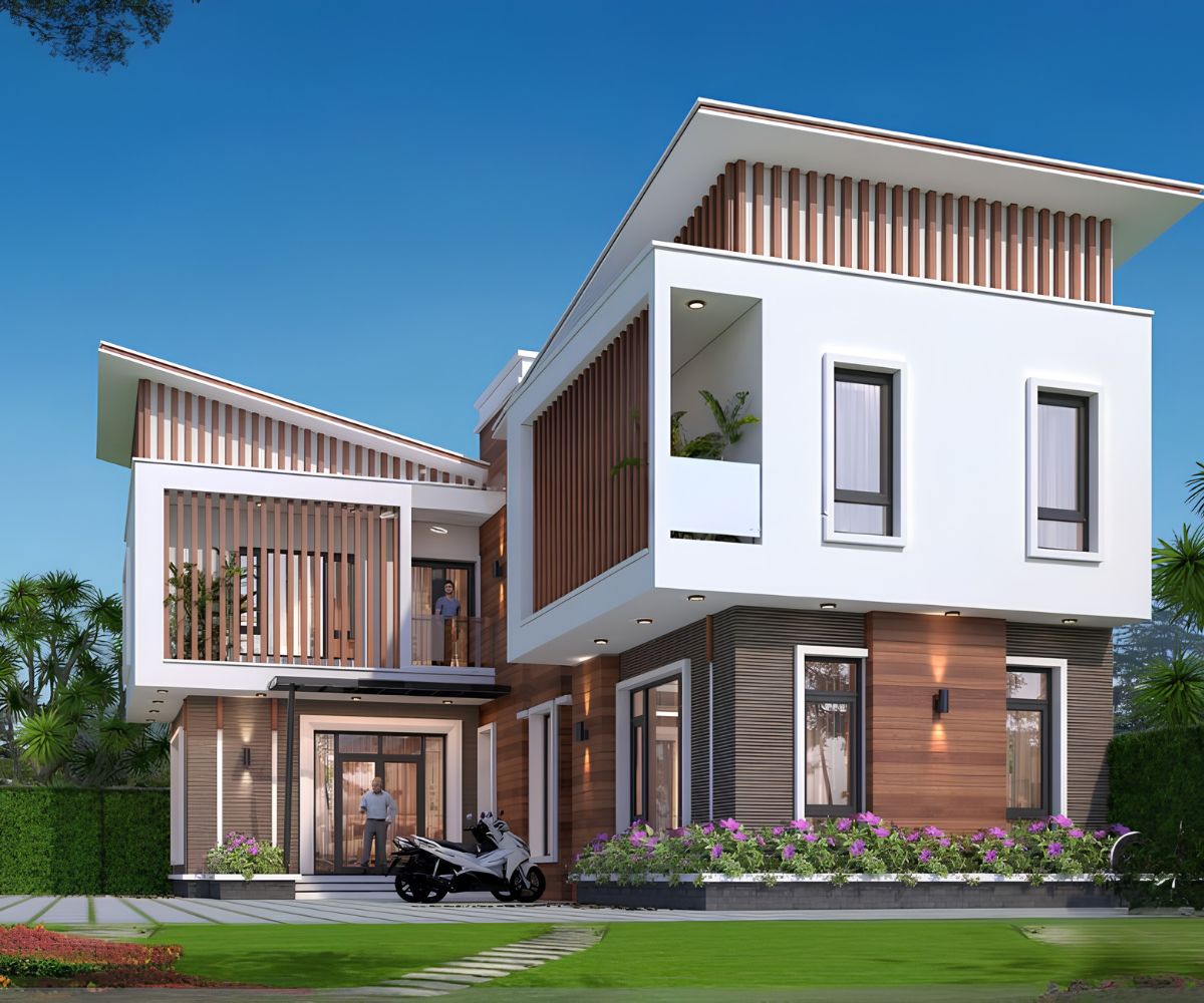 50+ Mẫu Biệt Thự 2 Tầng Mái Lệch Đẹp, Hiện Đại & Báo Giá Thi Công 2026 8 Biệt thự 2 tầng mái lệch chữ L tạo khoảng sân thoáng, tăng khả năng lấy sáng và kết nối thiên nhiên (Ảnh: Sưu tầm)