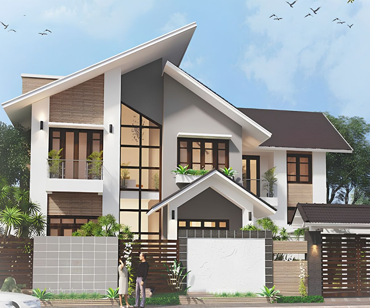 50+ Mẫu Biệt Thự 2 Tầng Mái Lệch Đẹp, Hiện Đại & Báo Giá Thi Công 2026 9 Khoảng sân giữa hai khối nhà có thể bố trí tiểu cảnh, bàn trà hoặc gara ô tô tiện lợi (Ảnh: Sưu tầm)