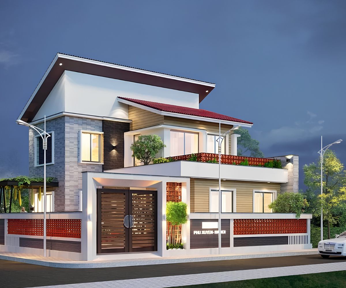 50+ Mẫu Biệt Thự 2 Tầng Mái Lệch Đẹp, Hiện Đại & Báo Giá Thi Công 2026 10 Mặt bằng chữ L giúp các phòng trong biệt thự mái lệch tiếp cận ánh sáng và thông gió tự nhiên (Ảnh: Sưu tầm)