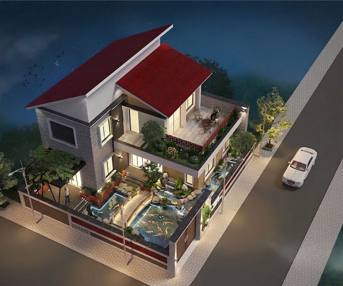 50+ Mẫu Biệt Thự 2 Tầng Mái Lệch Đẹp, Hiện Đại & Báo Giá Thi Công 2026 13 Biệt thự 2 tầng mái lệch sân vườn mang đến không gian sống xanh, yên tĩnh và gần gũi thiên nhiên (Ảnh: Sưu tầm)