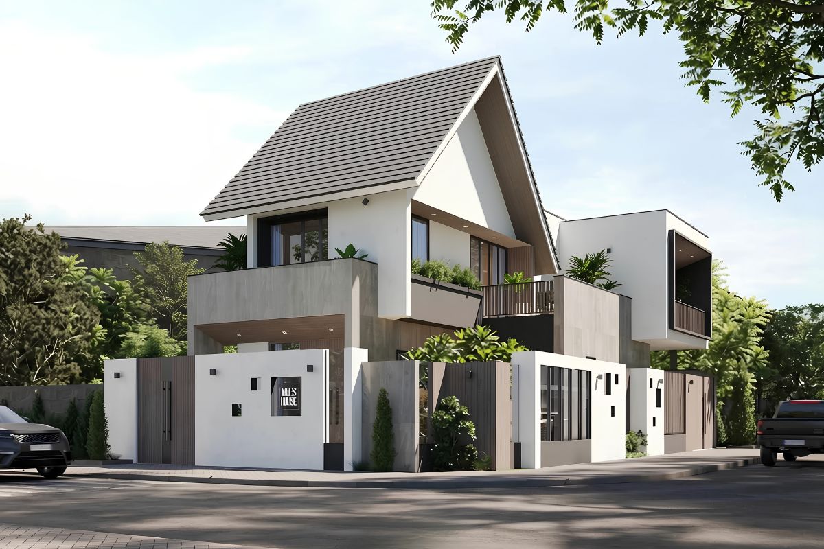 50+ Mẫu Biệt Thự 2 Tầng Mái Lệch Đẹp, Hiện Đại & Báo Giá Thi Công 2026 18 Nhà biệt thự 2 tầng mái lệch hai mặt tiền khai thác tối đa lợi thế góc nhìn của khu đất (Ảnh: Sưu tầm)
