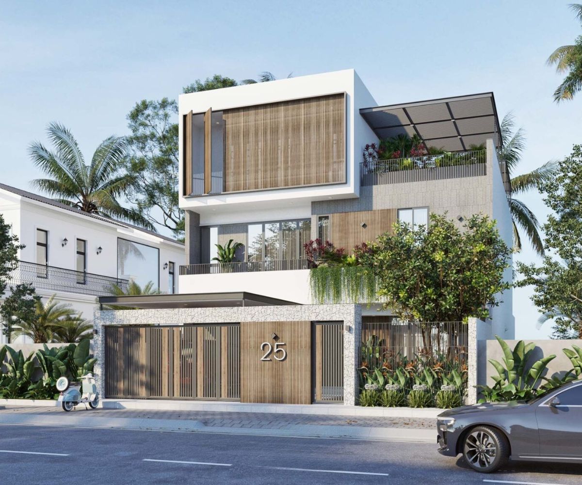 Biệt thự 3 tầng 120m2 mái bằng nổi bật với hình khối vuông vức và mặt tiền khỏe khoắn (Ảnh: Sưu tầm)