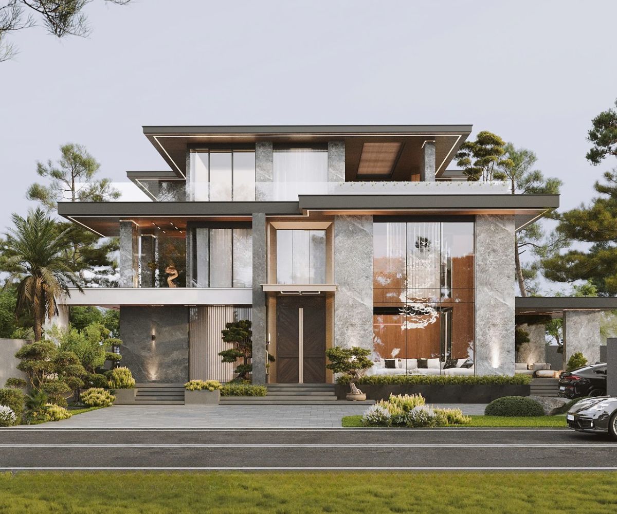 Nhà biệt thự 3 tầng 120m2 hiện đại sử dụng giếng trời, cửa kính lớn và cảnh quan xanh (Ảnh: Sưu tầm)