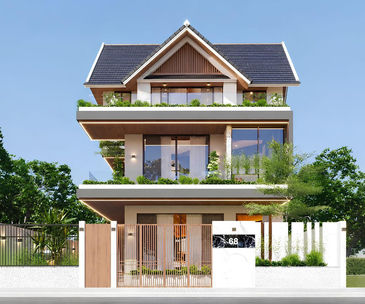 Biệt thự 3 tầng 120m2 mái Thái nổi bật với mái dốc cao và hình thức kiến trúc sang trọng (Ảnh: Sưu tầm)