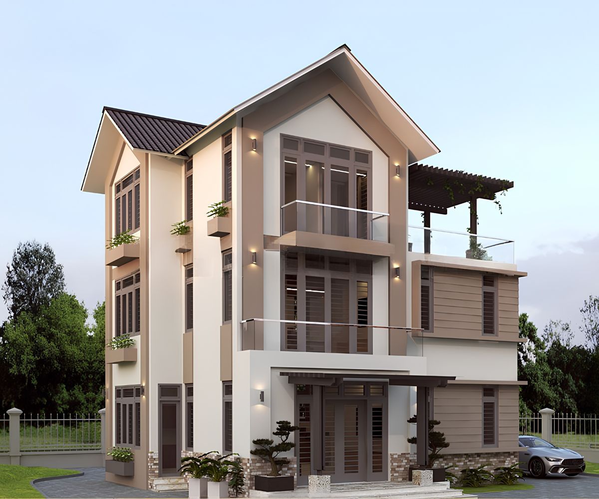 Mẫu biệt thự 3 tầng hiện đại 120m2 mái Thái kết hợp đường nét tinh giản và tỷ lệ cân đối (Ảnh: Sưu tầm)