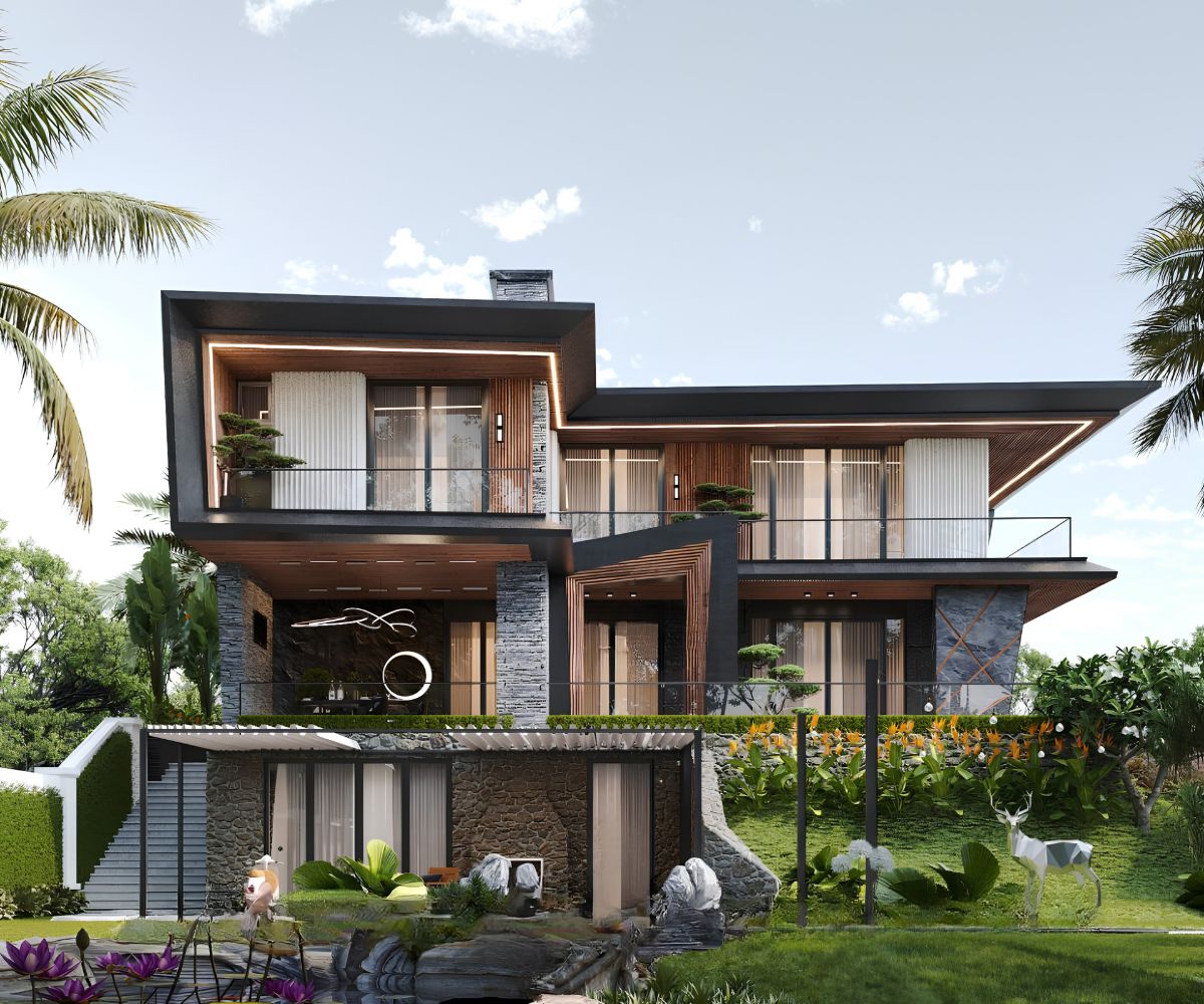 Mẫu biệt thự 3 tầng hiện đại 120m2 kết hợp cây xanh, đường dạo và khoảng sân thư giãn (Ảnh: Sưu tầm)