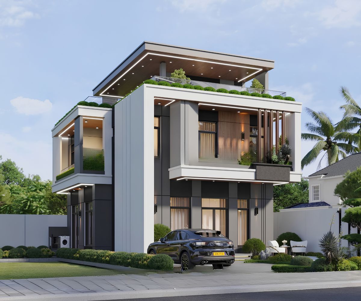 Sân vườn giúp biệt thự hiện đại 120m2 3 tầng cải thiện vi khí hậu và tăng tính thẩm mỹ (Ảnh: Sưu tầm)