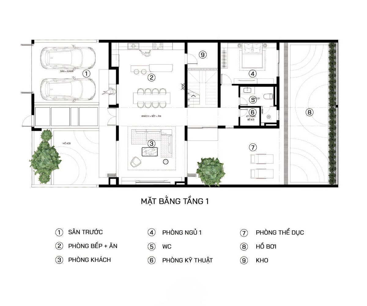 Mặt bằng tầng một biệt thự 3 tầng 120m2 kết nối gara, phòng khách, bếp và khoảng mở thông thoáng (Ảnh: Sưu tầm)