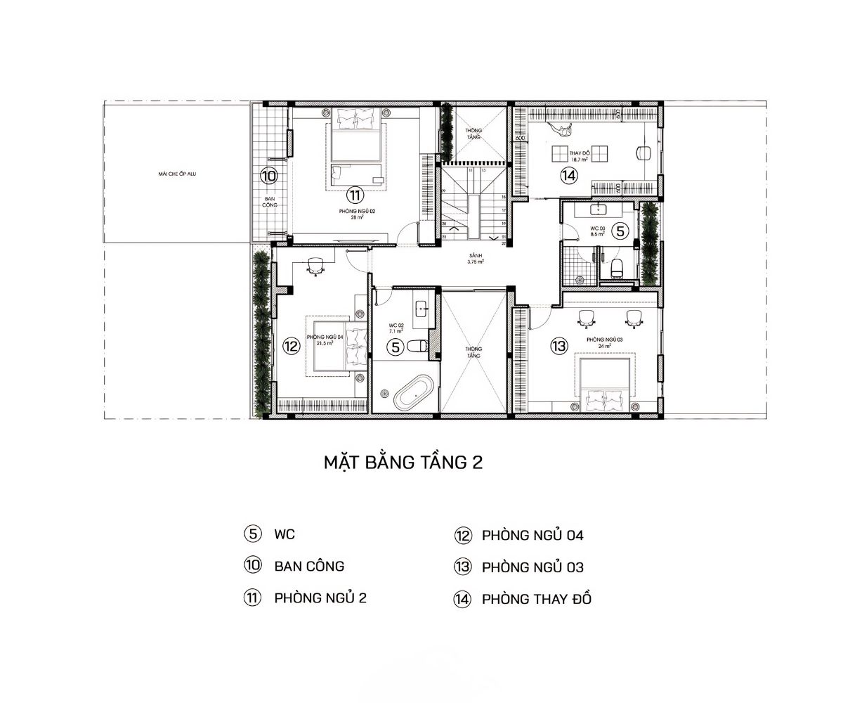 Tầng hai nhà biệt thự 3 tầng 120m2 hiện đại tập trung phòng ngủ và không gian sinh hoạt riêng tư (Ảnh: Sưu tầm)