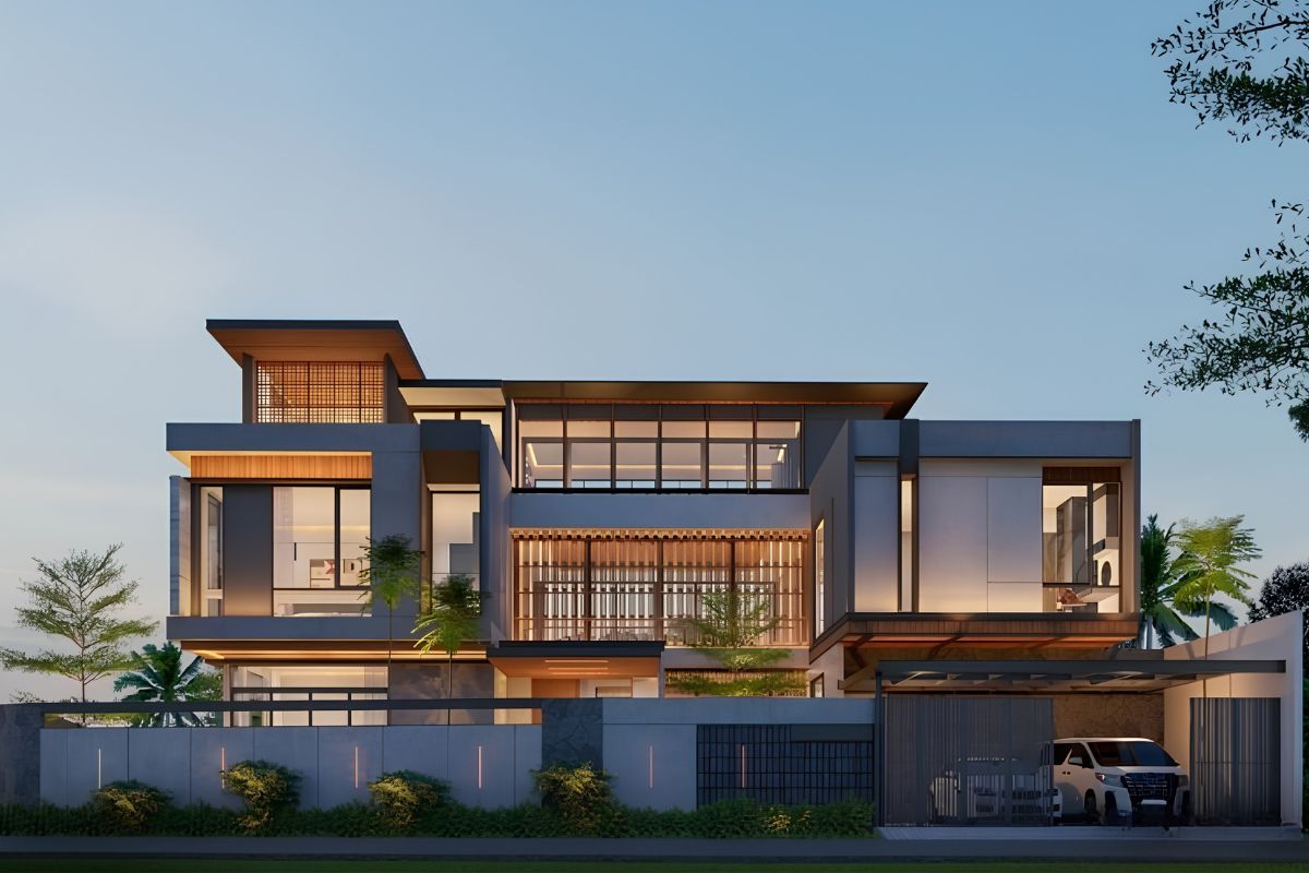 Ban công xanh, lam chắn nắng và mảng tường ốp đá giúp biệt thự 3 tầng 6 phòng ngủ hiện đại nhẹ khối nhưng vẫn sang trọng  (Ảnh: Sưu tầm)