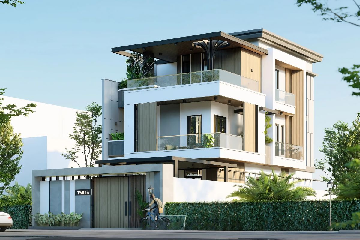 Trong thiết kế biệt thự 3 tầng 6 phòng ngủ, ngoại thất hiện đại cần cân bằng giữa công năng che chắn, ánh sáng và thẩm mỹ mặt đứng  (Ảnh: Sưu tầm)