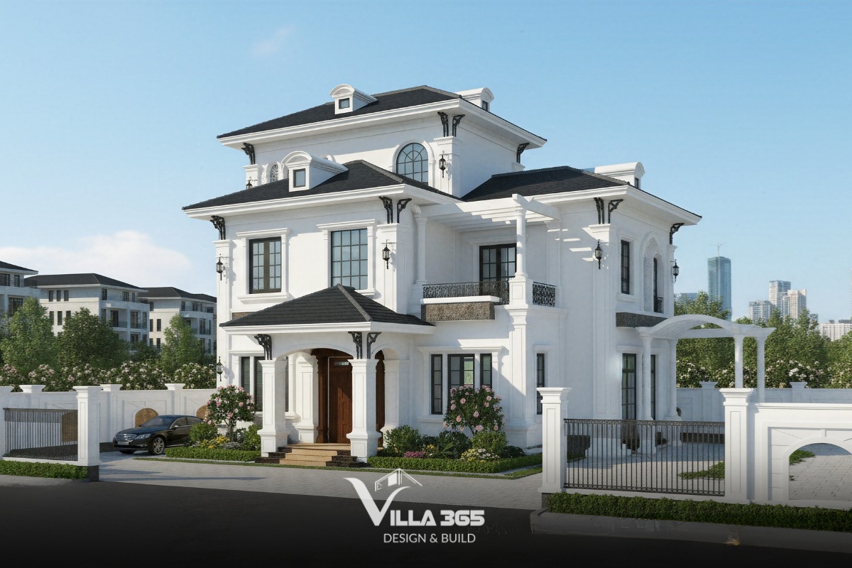 Biệt thự 3 tầng tân cổ điển ghi dấu bằng hệ cột bề thế, phào chỉ tinh tế và bố cục mặt tiền đăng đối 