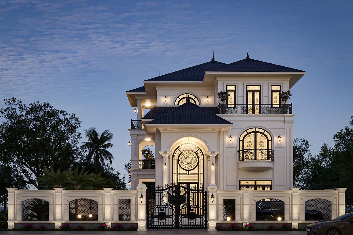 Gam trắng kem, be, ghi sáng kết hợp đá ốp và ánh sáng mặt tiền giúp biệt thự tân cổ điển thêm chỉn chu, đẳng cấp  (Ảnh: Sưu tầm)