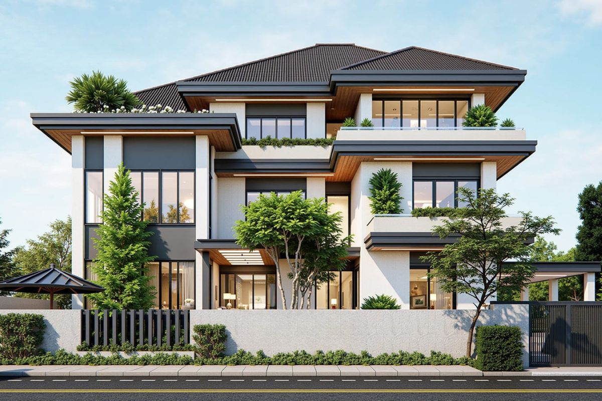 Biệt thự 3 tầng mái Nhật phù hợp phong cách hiện đại, tân cổ điển nhẹ và sân vườn (Ảnh: Sưu tầm)