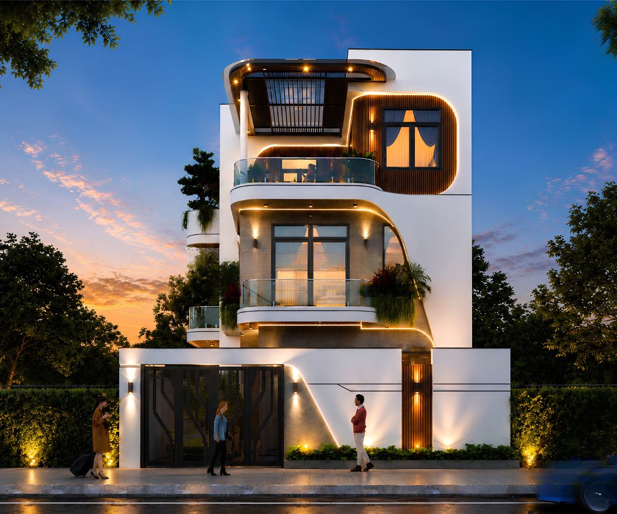 Cửa kính cường lực, lam nhôm và đá tự nhiên tạo chiều sâu cho mẫu biệt thự 3 tầng 8x12m (Ảnh: Sưu tầm)