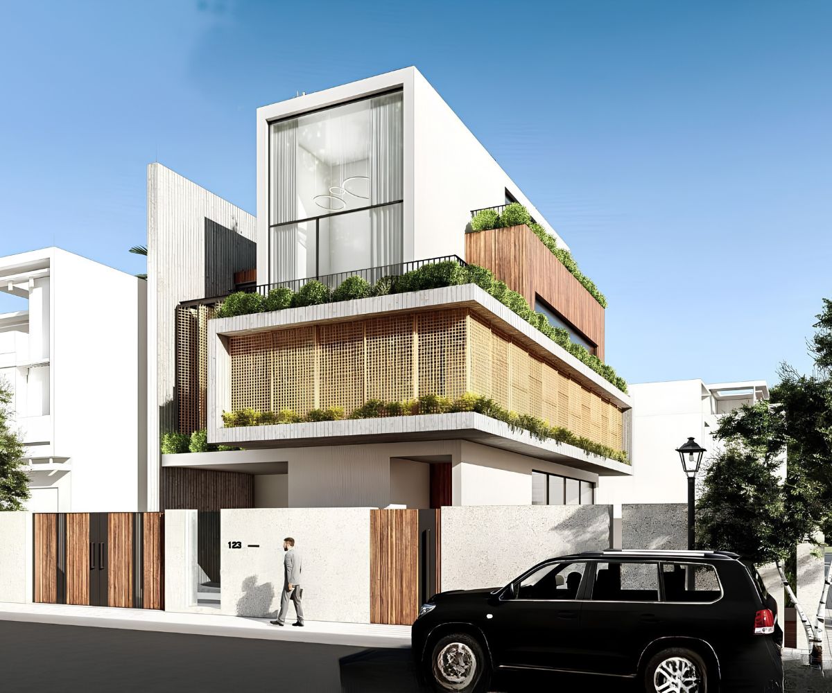 Biệt thự 3 tầng 8x12m mái bằng có hình thức gọn gàng, phù hợp bố trí sân thượng và thiết bị kỹ thuật (Ảnh: Sưu tầm)