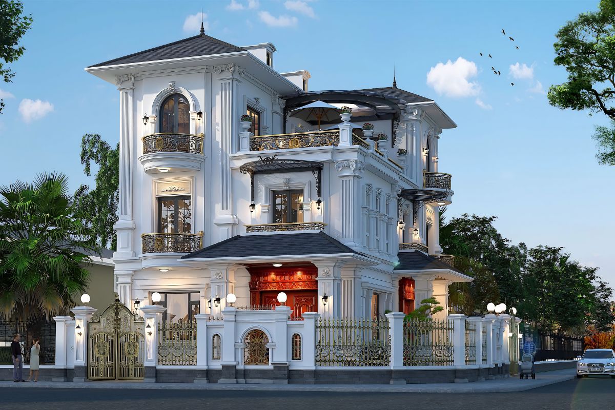 Biệt thự 3 tầng 8x12m tân cổ điển gây ấn tượng với bố cục cân đối và hệ cột mặt tiền bề thế (Ảnh: Sưu tầm)