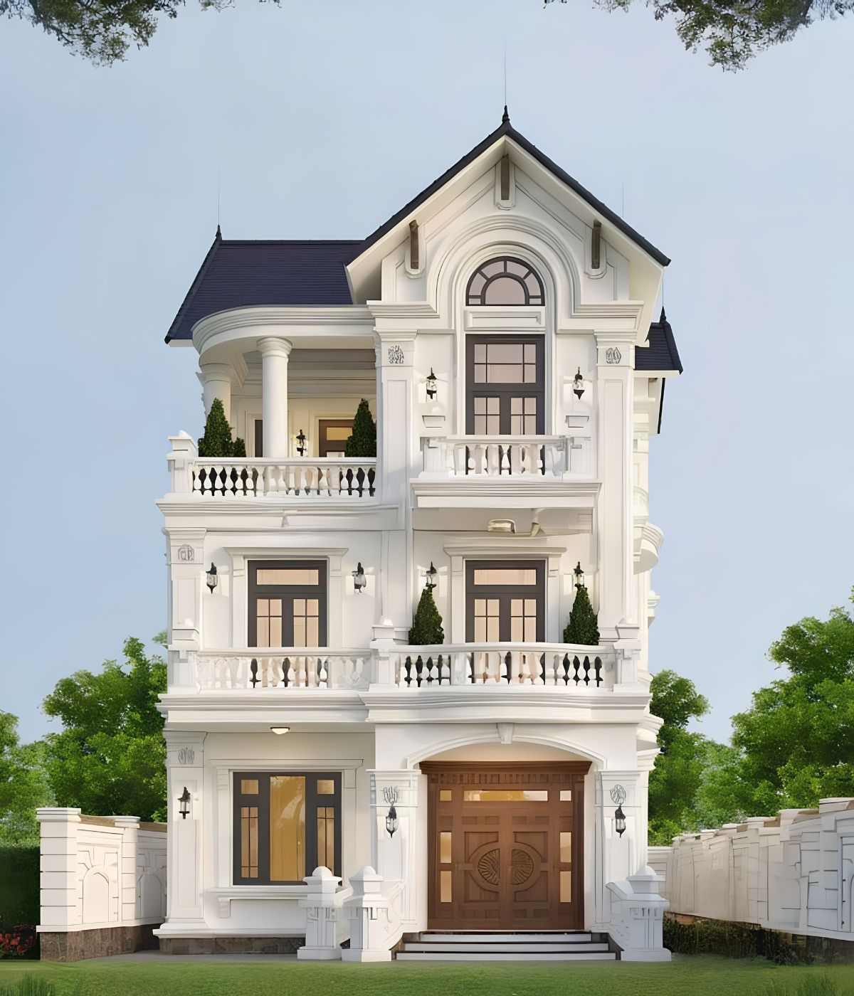 Hệ cột cao kết hợp đá ốp chân tường nâng tầm vẻ sang trọng cho nhà biệt thự 3 tầng 8x12m (Ảnh: Sưu tầm)