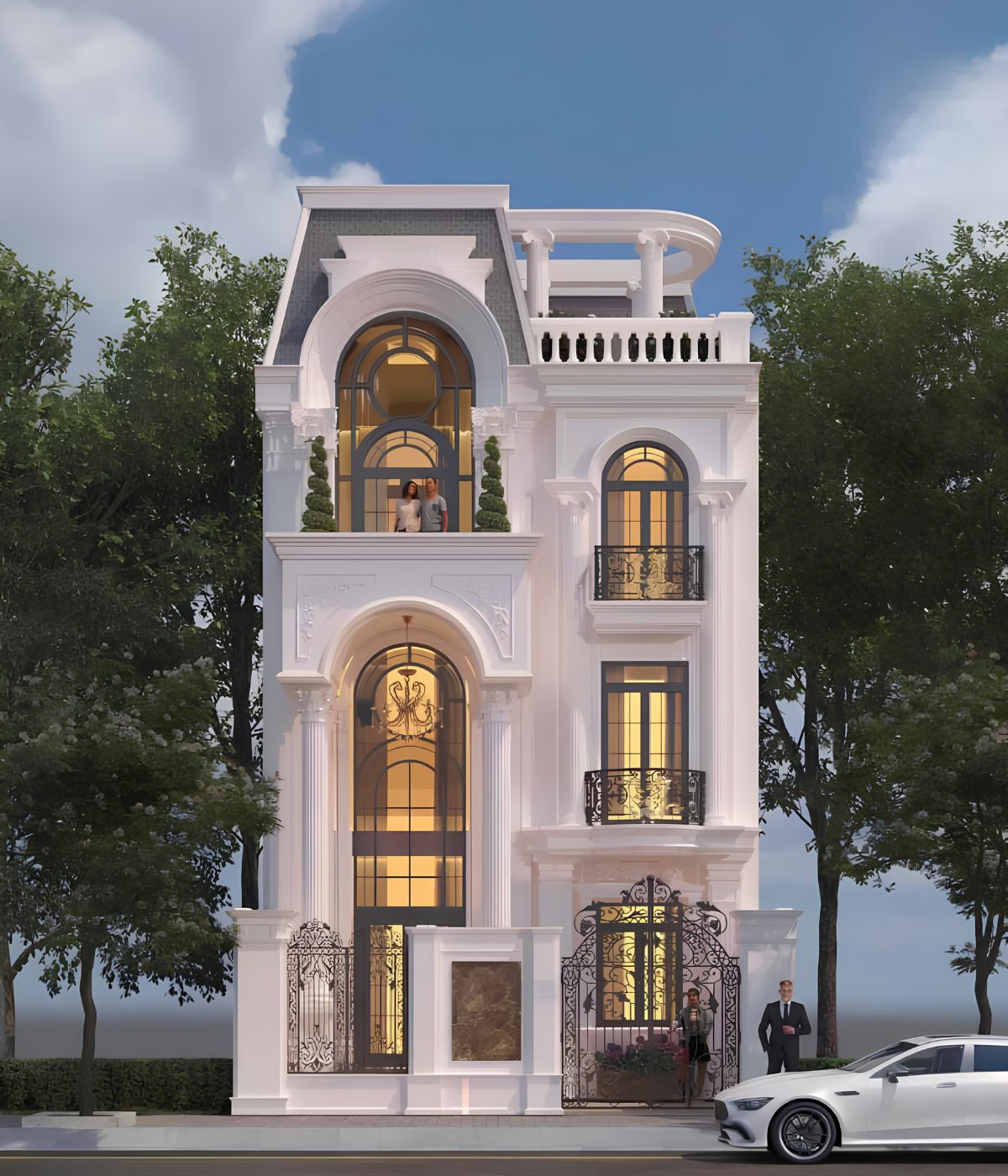 Phối cảnh 3D giúp kiểm soát chính xác tỷ lệ cột, phào chỉ và mái của biệt thự 3 tầng 96m² (Ảnh: Sưu tầm)