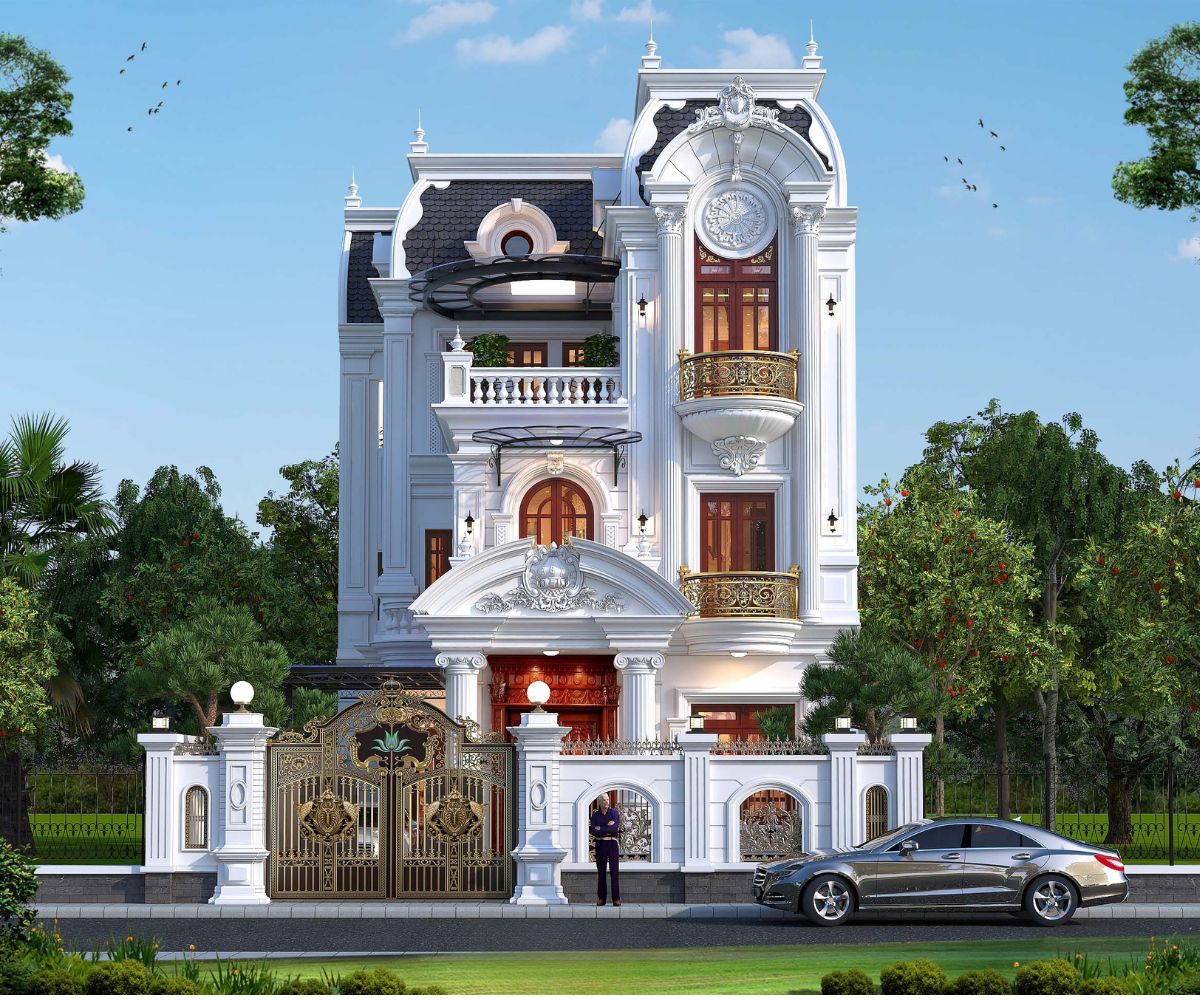 Nhà biệt thự 3 tầng 8x12m kiến trúc Pháp nổi bật với bố cục đối xứng và sảnh chính trang trọng (Ảnh: Sưu tầm)
