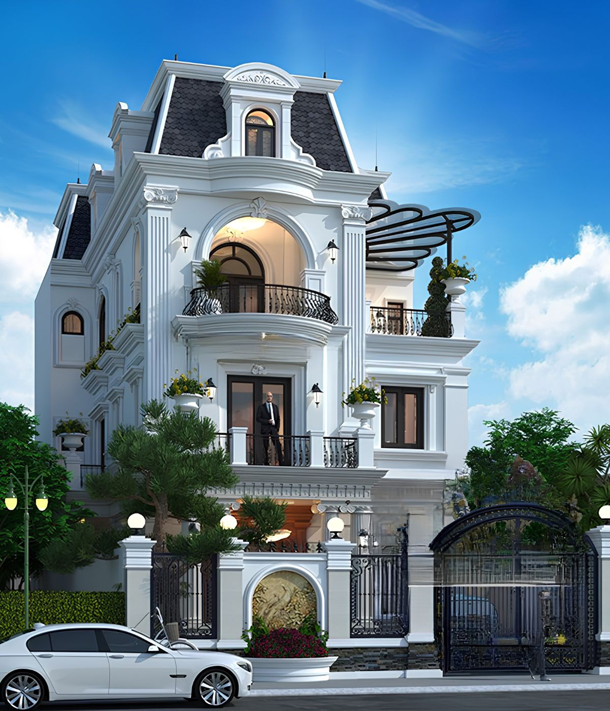 Hệ cột, phào chỉ và phù điêu được phân bổ hợp lý trên mặt tiền biệt thự rộng 8m (Ảnh: Sưu tầm)