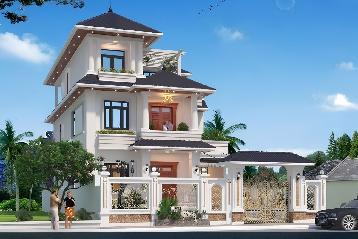 Biệt thự 3 tầng 8x12m mái Nhật có độ dốc vừa phải, tạo tổng thể cân đối và thanh thoát (Ảnh: Sưu tầm)