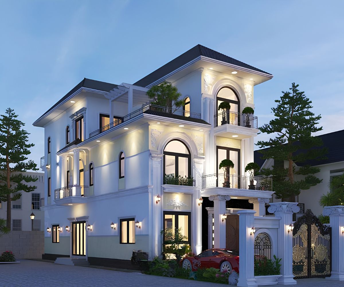 Mái Nhật kết hợp cửa kính và đá ốp tạo chiều sâu cho mẫu biệt thự 3 tầng 8x12m (Ảnh: Sưu tầm)