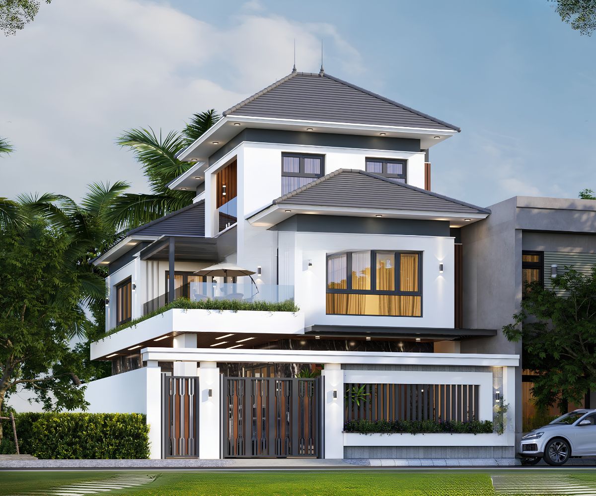 Tỷ lệ mái, chiều cao tầng và diềm mái được cân đối để công trình hài hòa từ mọi góc nhìn (Ảnh: Sưu tầm)