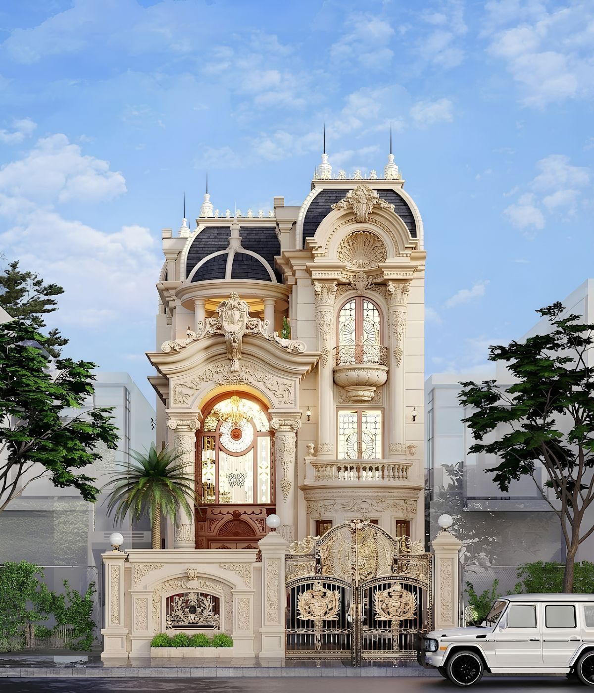 Biệt thự 3 tầng 8x12m cổ điển thể hiện vẻ uy nghi qua hệ cột lớn và bố cục đối xứng (Ảnh: Sưu tầm)