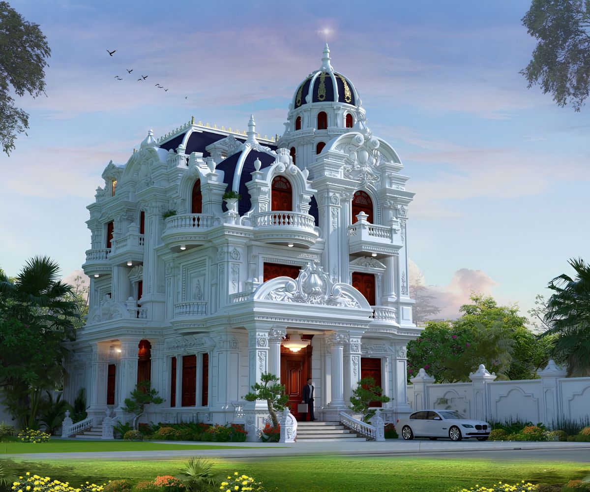 Phù điêu, cửa vòm và lan can kim loại tôn lên vẻ sang trọng của biệt thự 3 tầng diện tích 8x12m (Ảnh: Sưu tầm)
