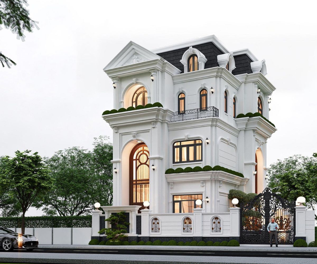 Hệ cửa cao và ban công cân đối giúp kéo dài tỷ lệ mặt đứng của biệt thự 3 tầng 96m² (Ảnh: Sưu tầm)