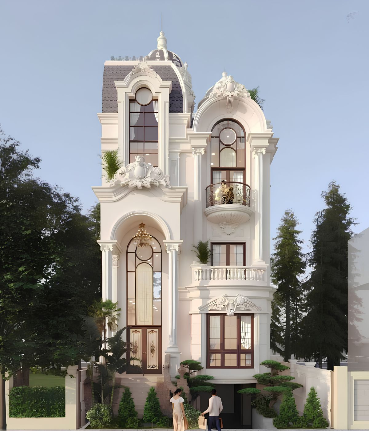 Mái Mansard và mái chóp nhỏ tạo điểm nhấn nổi bật cho thiết kế biệt thự 3 tầng 8x12m (Ảnh: Sưu tầm)