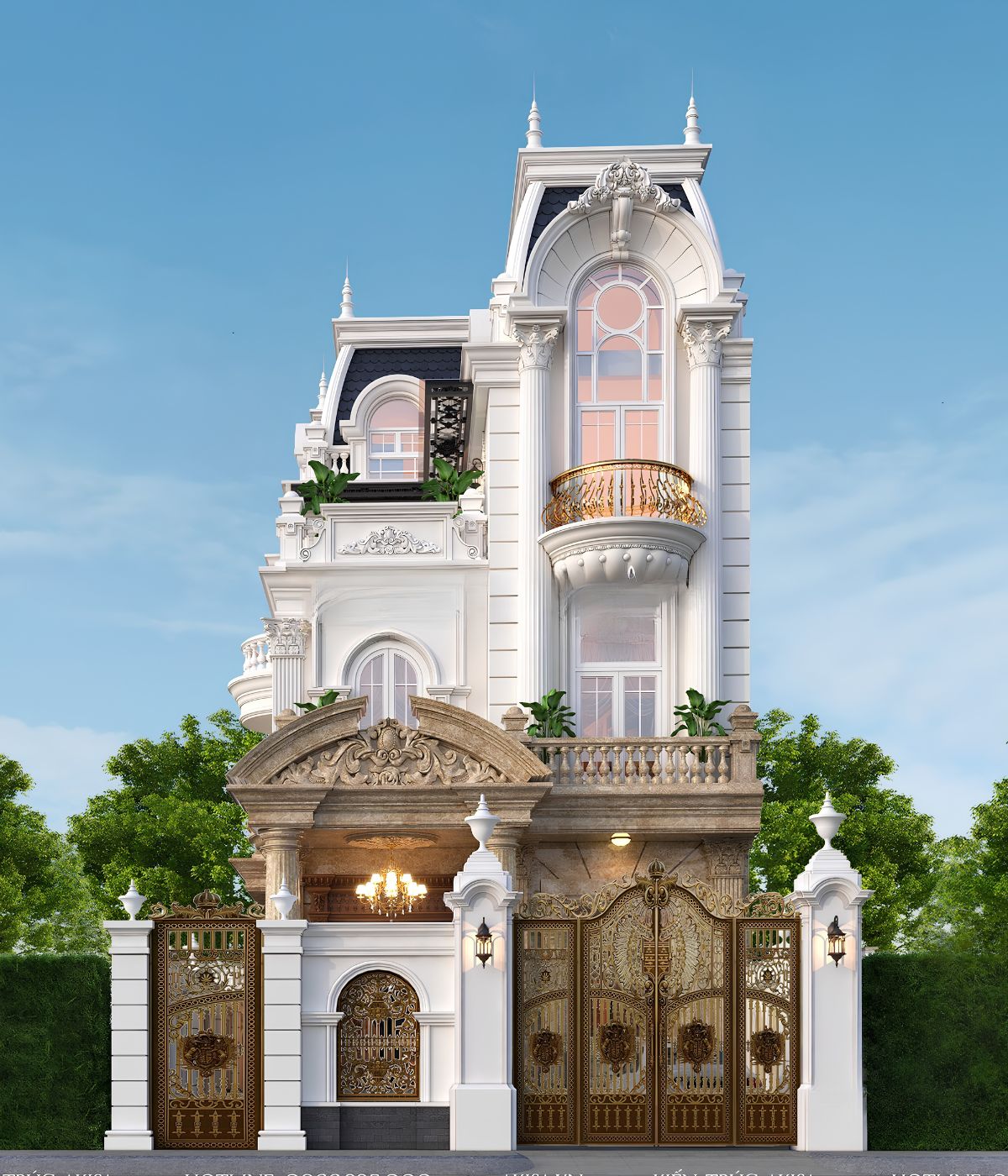 Đá tự nhiên, kính và kim loại được phối hợp tinh tế trên mặt tiền biệt thự phong cách Châu Âu (Ảnh: Sưu tầm)