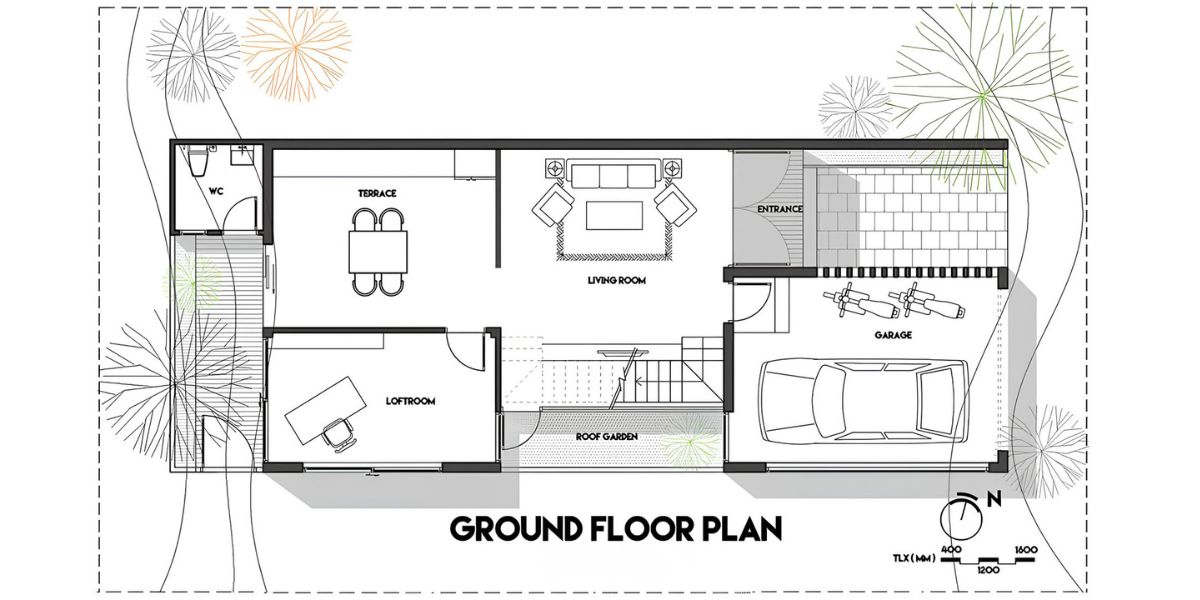 Mặt bằng tầng một biệt thự 3 tầng 8x12m gồm gara ô tô, phòng khách và bếp ăn đầy đủ tiện nghi (Ảnh: Sưu tầm)