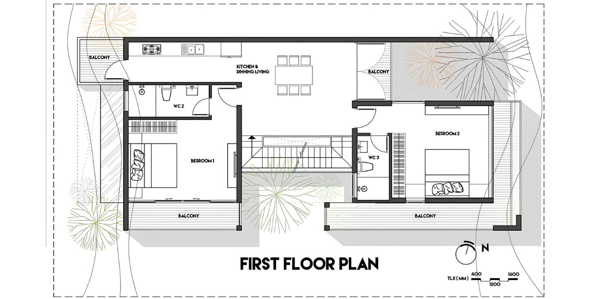Bản vẽ biệt thự 3 tầng 8x12m bố trí tầng hai với phòng ngủ master, phòng trẻ em và sinh hoạt chung (Ảnh: Sưu tầm)