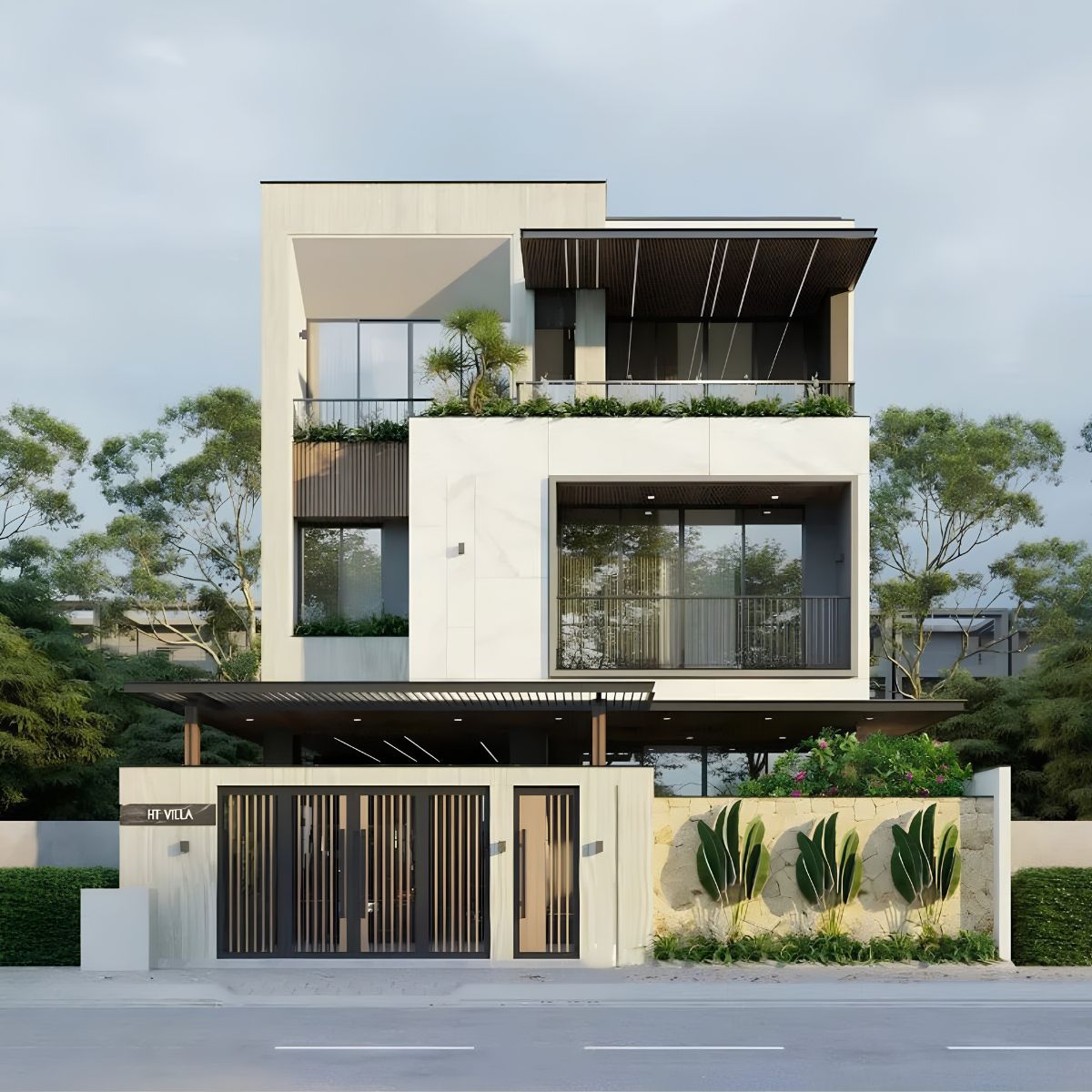 Biệt thự 3 tầng hiện đại có thang máy nổi bật với hình khối tối giản, kính lớn và bảng màu trung tính  (Ảnh: Sưu tầm)