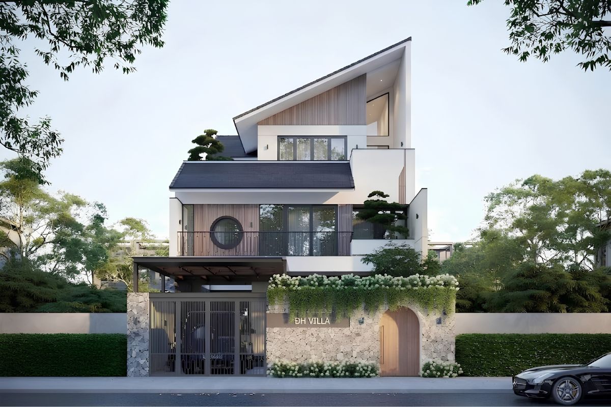 Biệt thự 3 tầng mái lệch là lựa chọn dành cho gia chủ yêu thích kiến trúc hiện đại, cá tính và khác biệt ngay từ hình khối mặt tiền  (Ảnh: Sưu tầm)