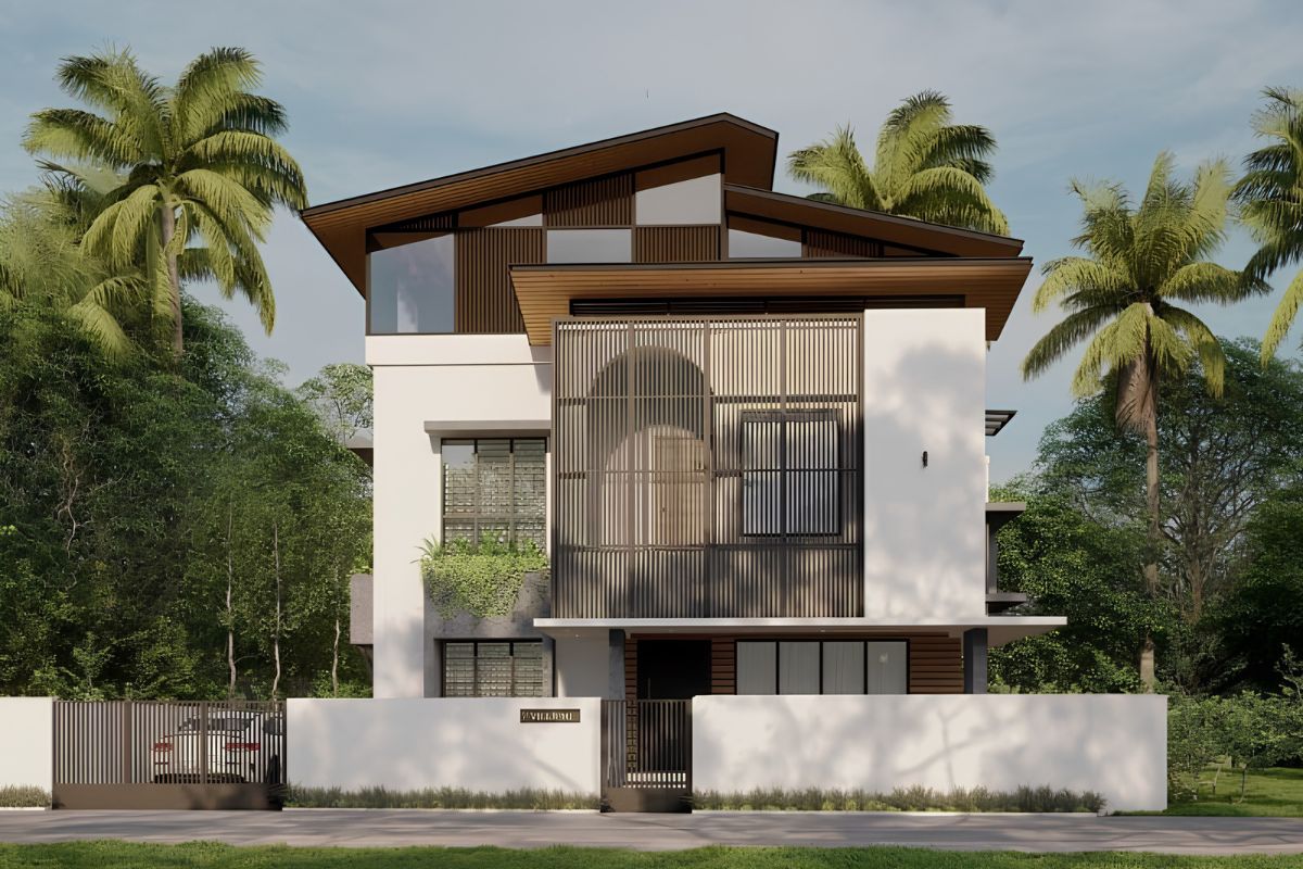 Nhà biệt thự 3 tầng mái lệch hiện đại tạo dấu ấn bằng những đường mái phá cách, giúp công trình trẻ trung, sinh động và giàu tính nhận diện hơn  (Ảnh: Sưu tầm)