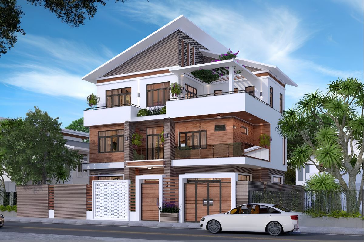 Biệt thự mái lệch 3 tầng có ưu thế về thoát nước, chống thấm và thẩm mỹ, nhưng cần được tính toán kỹ về kết cấu, độ dốc mái và kỹ thuật thi công  (Ảnh: Sưu tầm)
