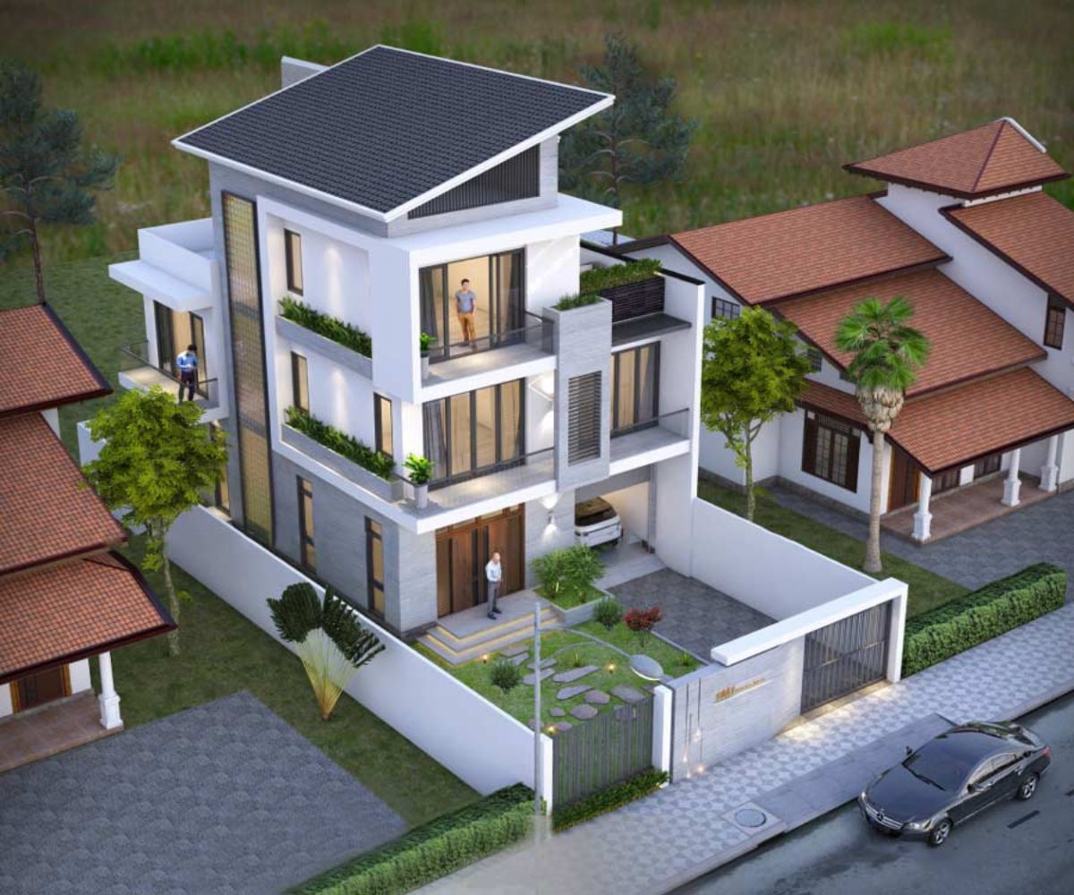 Biệt thự 3 tầng mái lệch dốc một phía tạo nên dáng vẻ mạnh mẽ, tối giản và đầy cuốn hút ngay từ mặt tiền  (Ảnh: Sưu tầm)